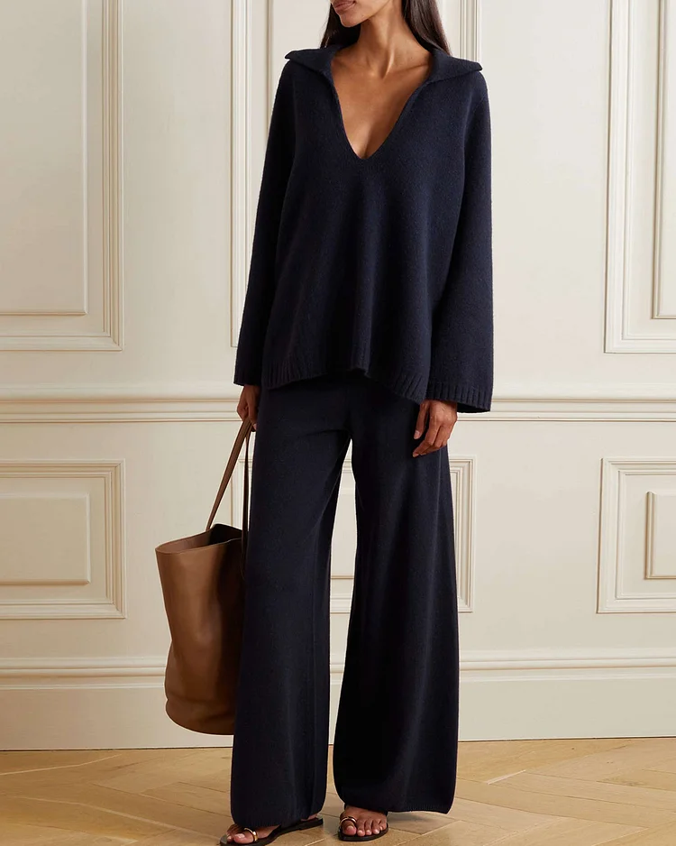 Casual V-Neck Top And Pants Knitted Two-Piece Set