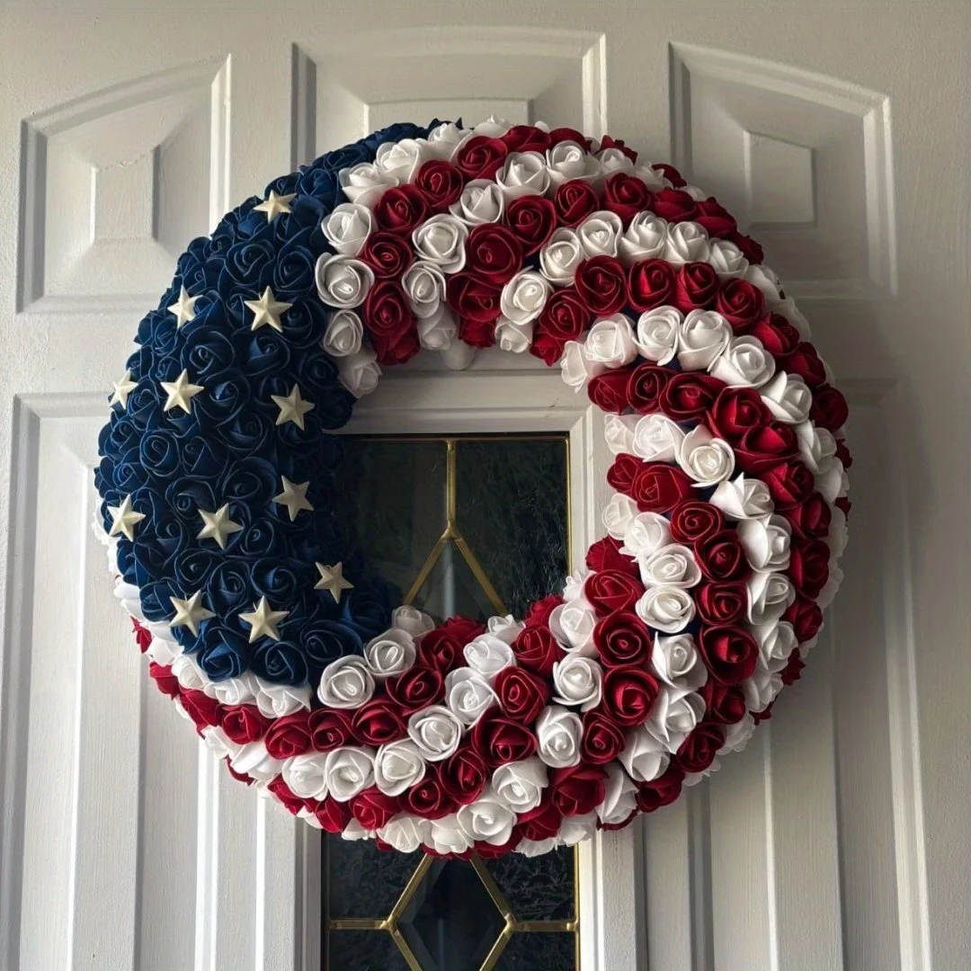 Handmade Patriotic Roses Wreath, 4th of July Soft Touch Roses Wreath