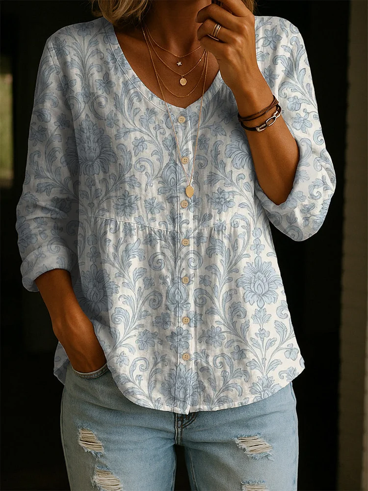 Women's Retro Flower Art Print Linen Cotton Shirt