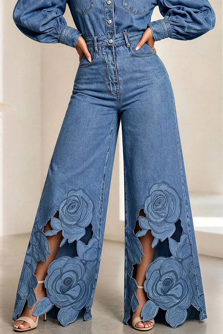 Xpluswear Design Plus Size Daily Blue Embroidery Pocket Denim Jeans [Pre-Order] 2024 - Xpluswear