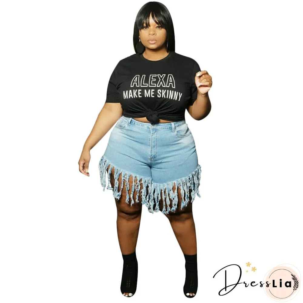 Plus Size Solid Color Autumn Fashion Women's Streetwear High Waist Tassel Jeans Denim Shorts