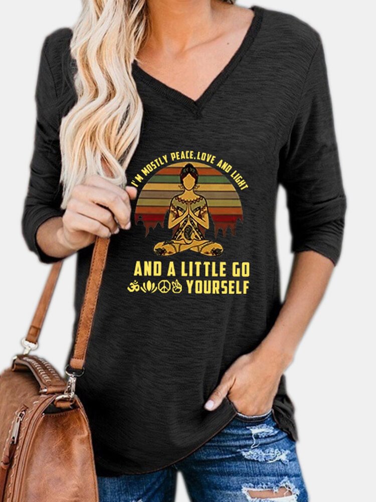 Printed V neck Long Sleeve Casual Women T Shirt P1771095