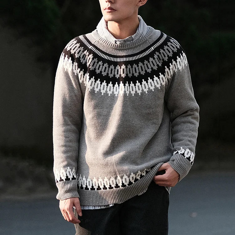 Utbros Crew Neck Geometric Pattern Knit Sweater