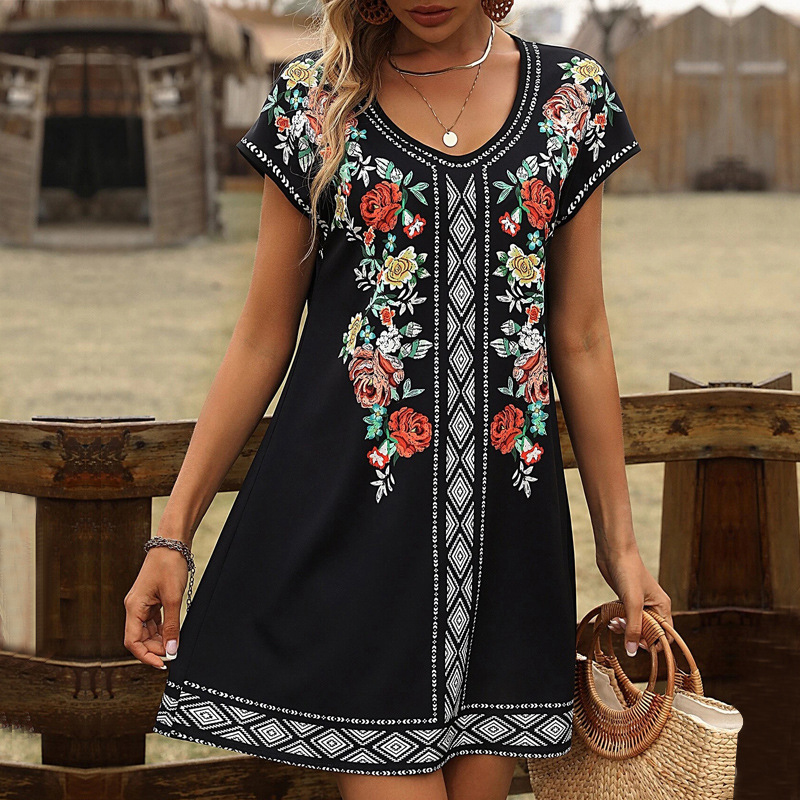 Casual Loose Vintage Floral Print Mini Dress