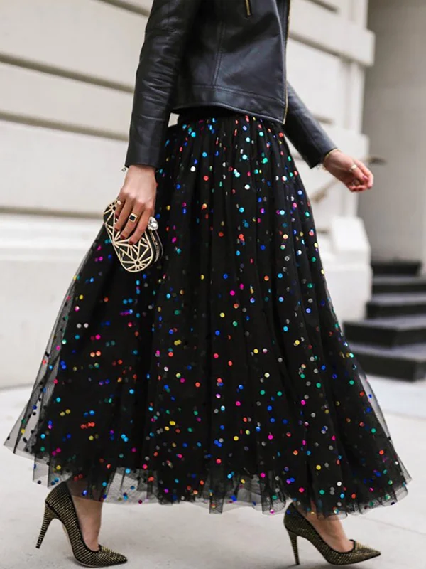 Sequined Tulle A-Line Loose Skirts Bottoms