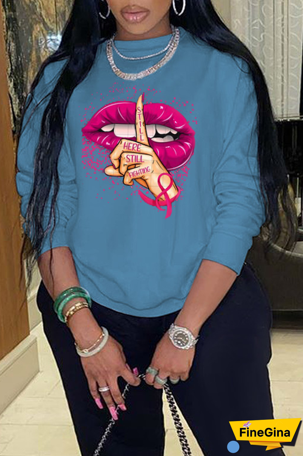 Blue Casual Street Lips Printed Patchwork O Neck Tops