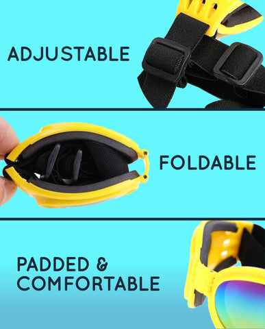 Adjustable strap for DePaw Goggles and DePaw Goggles shown folded and unfolded with soft lining for padded comfort on blue background