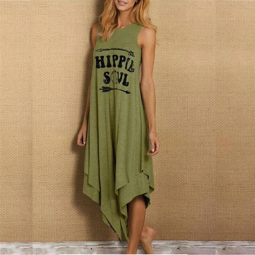 Women Casual Dress 2021 Summer Hippie Soul Letter Print Long Dress Loose Sleeveless O-Neck Double Layer Irregular Hem Maxi Dress