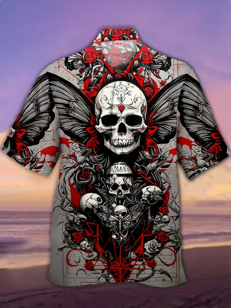 Eye-Catching Gothic Classic Skull And Wings Printing Cuban Collar Hawaiian Short Sleeve Shirt BestDVibe