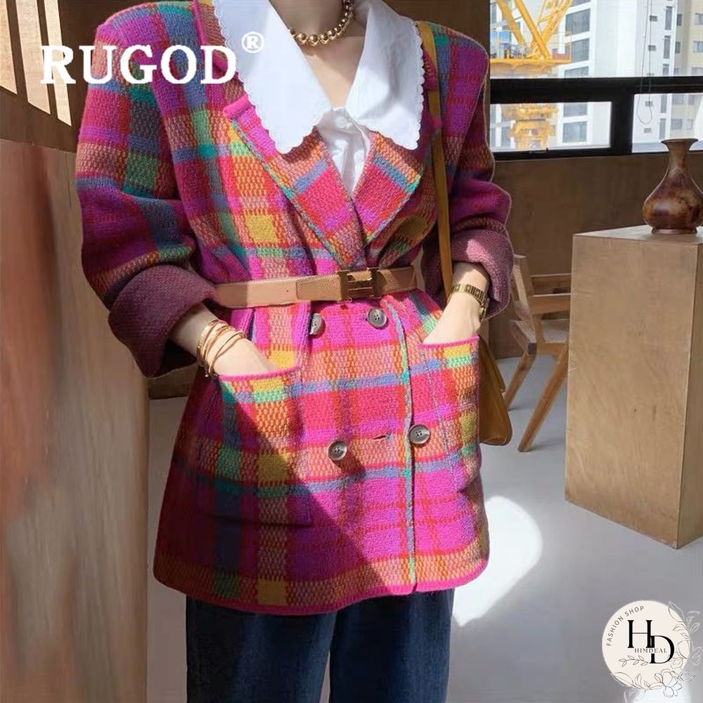 Fashion Bright Pink Green Plaid Knit Suit Korean Elegant Notched Collar Belted Vintage Jacket Autumn Winter Women's Suits
