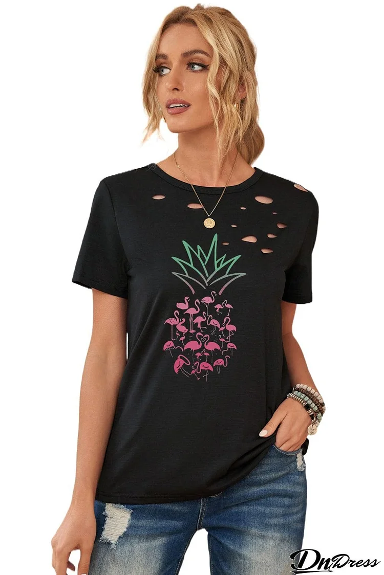 Flamingo Pineapple Graphic Ripped Tee