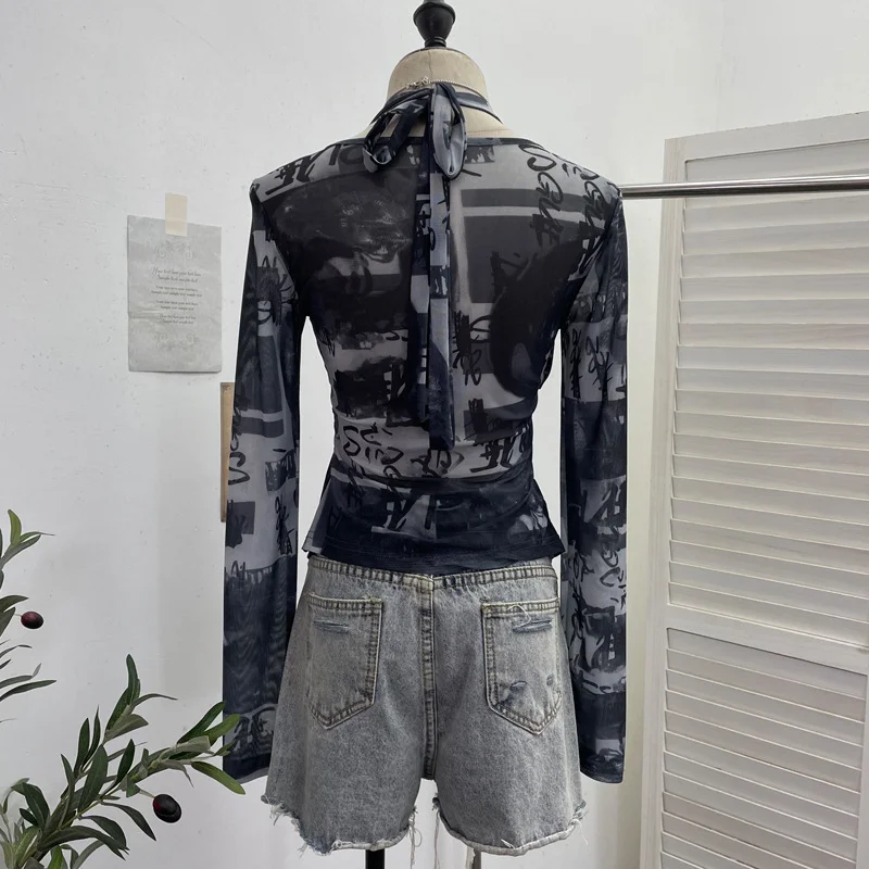 Nigikala Nigikala Special To The Net Yarn Design Sense Hanging Neck Top Cross Folded Repair Short T-Shirt 1178