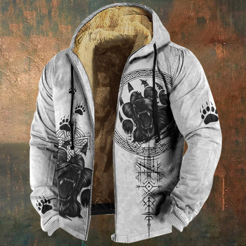 Men's Retro Viking Wolf Claw Print Casual Zip Up Jacket elevenforest
