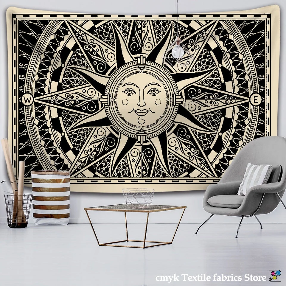 White Black Sun Moon Mandala Tapestry Wall Hanging Celestial  Hippie  Carpets Dorm Decor Psychedelic Witchcraft Halloween