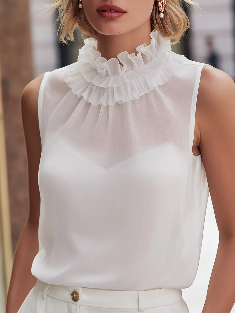 Sheer Ruffle Neck Sleeveless Blouse