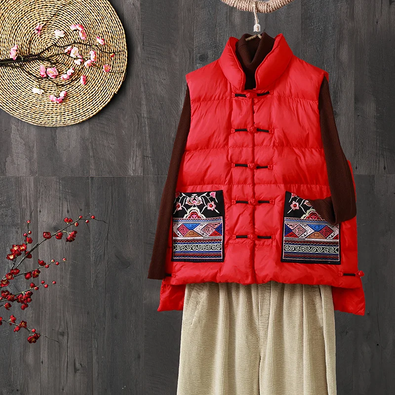 Woherb New Retro National Style Down Vest Outside The Female Wear Plate Buckle White Duck Down Pocket Embroidered Vest Down Inside-Outfit Ideas