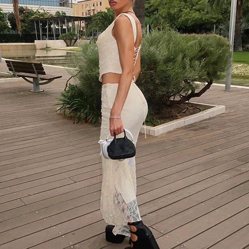 Uveng Uveng Women's Fall 2023 New Sexy Pleated Strap Top French Style Lace Skirt Suit