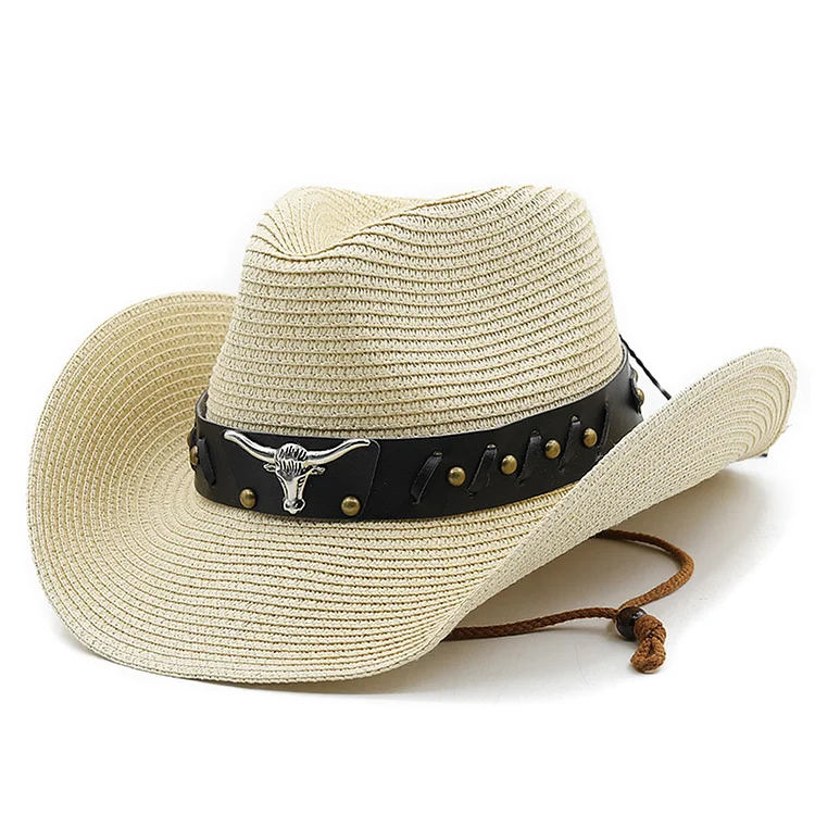 Western Foldable Bullhead Studded Belt Straw Hat