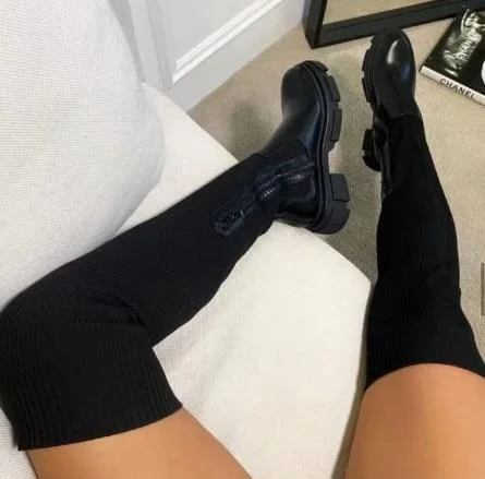 Flats Shoes Thick Sole Boots Autumn Winter Breathable Knitting Sock Upper Women Thigh High Boots Stretch Round Toe Plus Size 1110-1