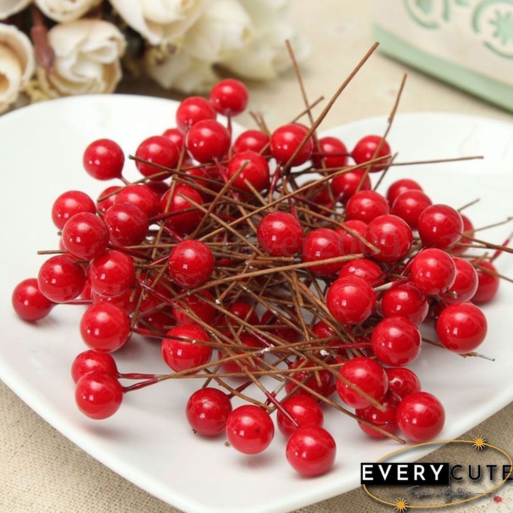 100Pcs Artificial Red Holly Berry Christmas Decor On Wire Bundle Garland Wreath