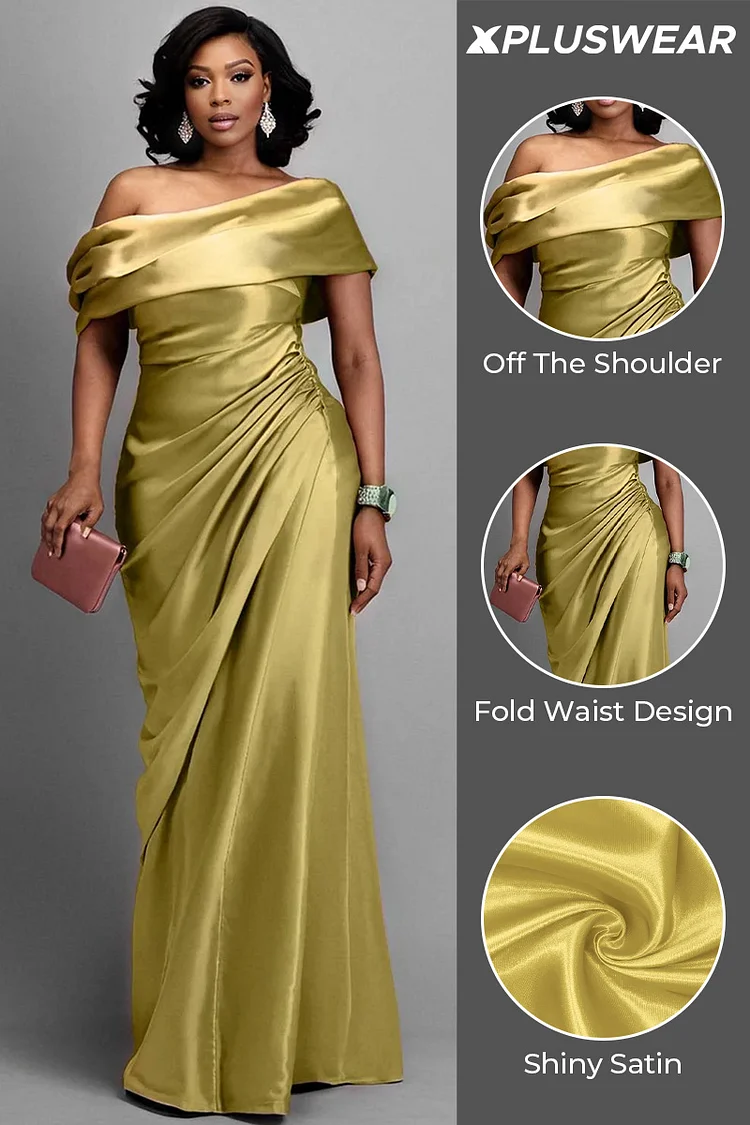 Xpluswear Design Plus Size Formal Green Off The Shoulder Short Sleeve Fold Elegant Satin Maxi Dresses [Pre-Order]