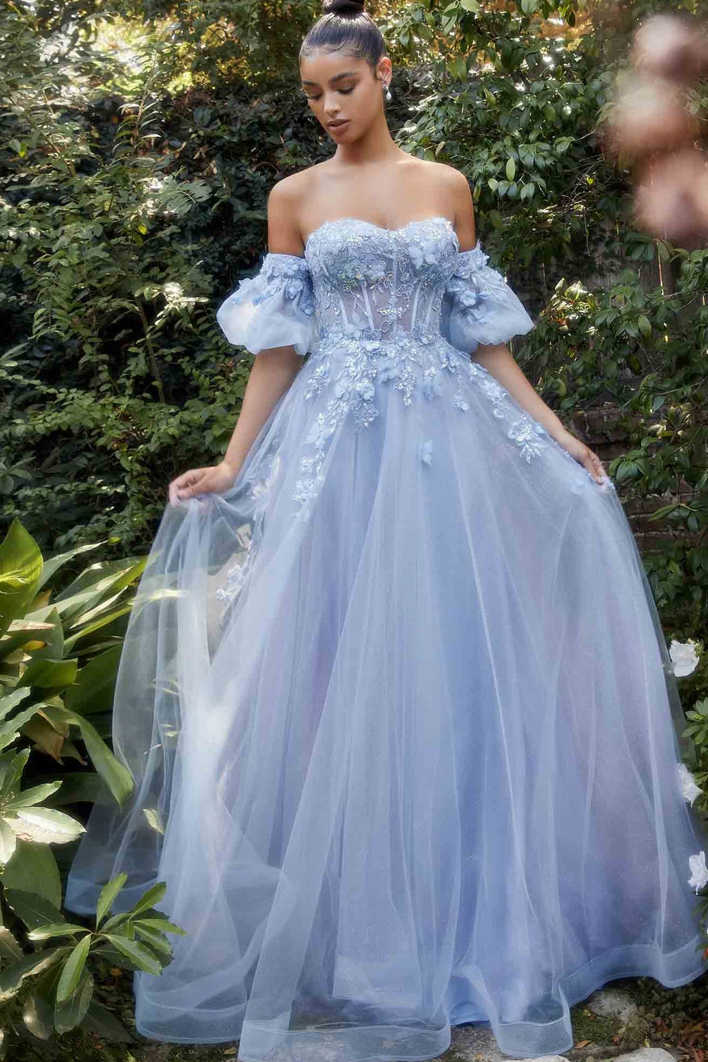 Ovlias Classic Blue Off-the-shoulder Applique Layered Couture Evening Dress LY0694