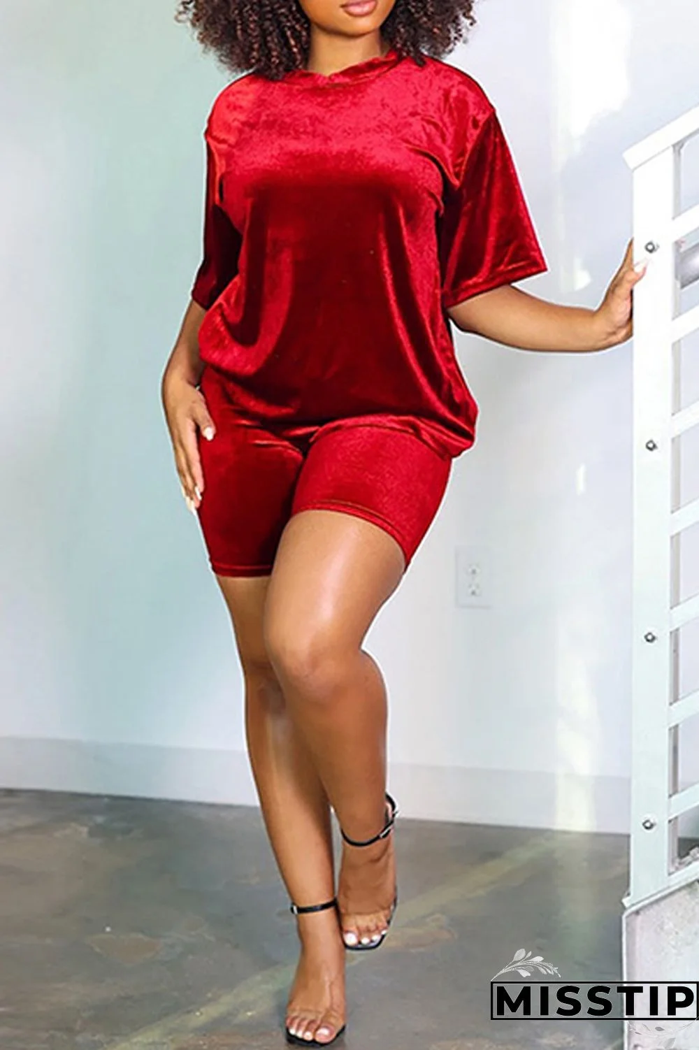 Black Casual Solid Basic O Neck Short Sleeve Two Pieces