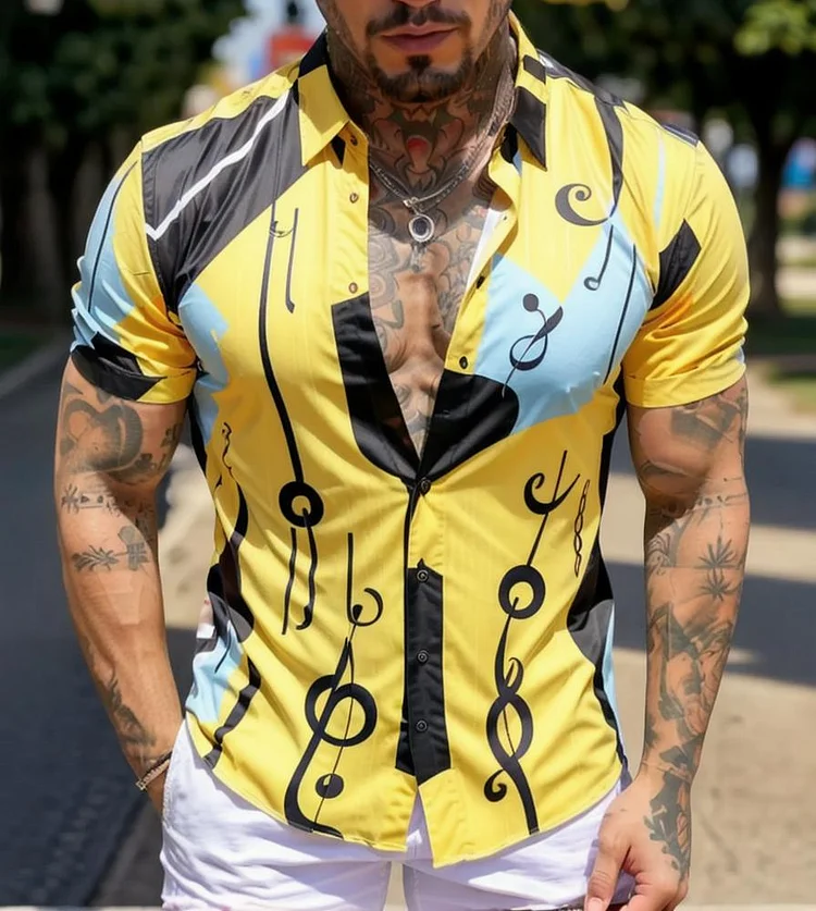 Yellow Men's Restro Casual Printed Short Sleeve Shirt at Hiphopee