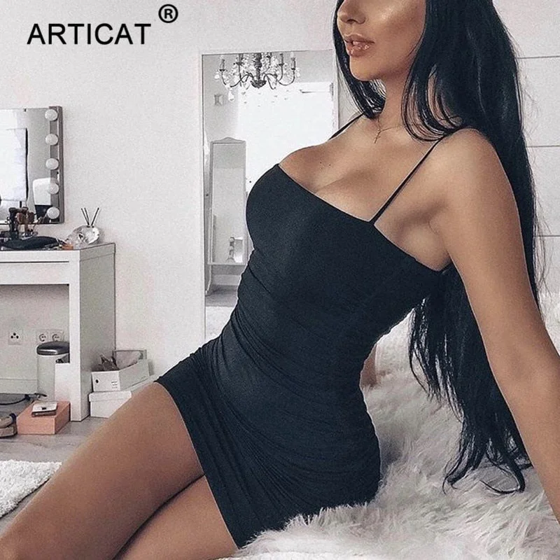 Articat Black Sexy Bodycon Summer Dress 2020 Strapless Spaghetti Strap Bandage Mini Dress Party Casual Basic Beach Dress Short
