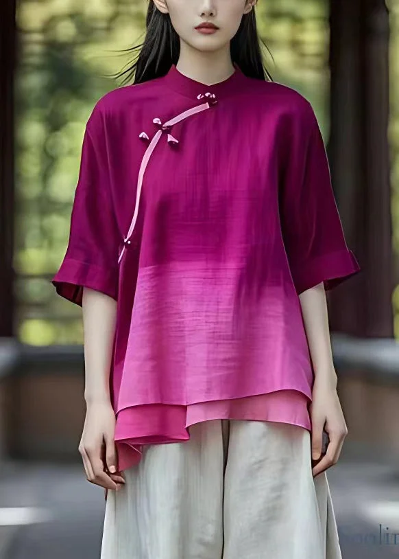 Pre sale - shipping in 30 days/New Purple Gradient Color Stand Collar Cotton Tops Half Sleeve