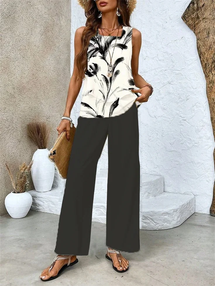 Women's Sleeveless Square Collar Floral Printed Casual Set