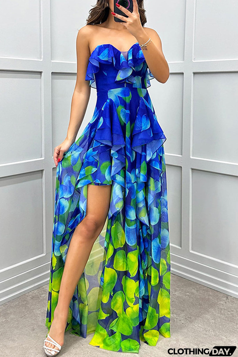 Sexy Gradient Print Ruffle Slit Strapless Irregular Dresses(3 Colors)