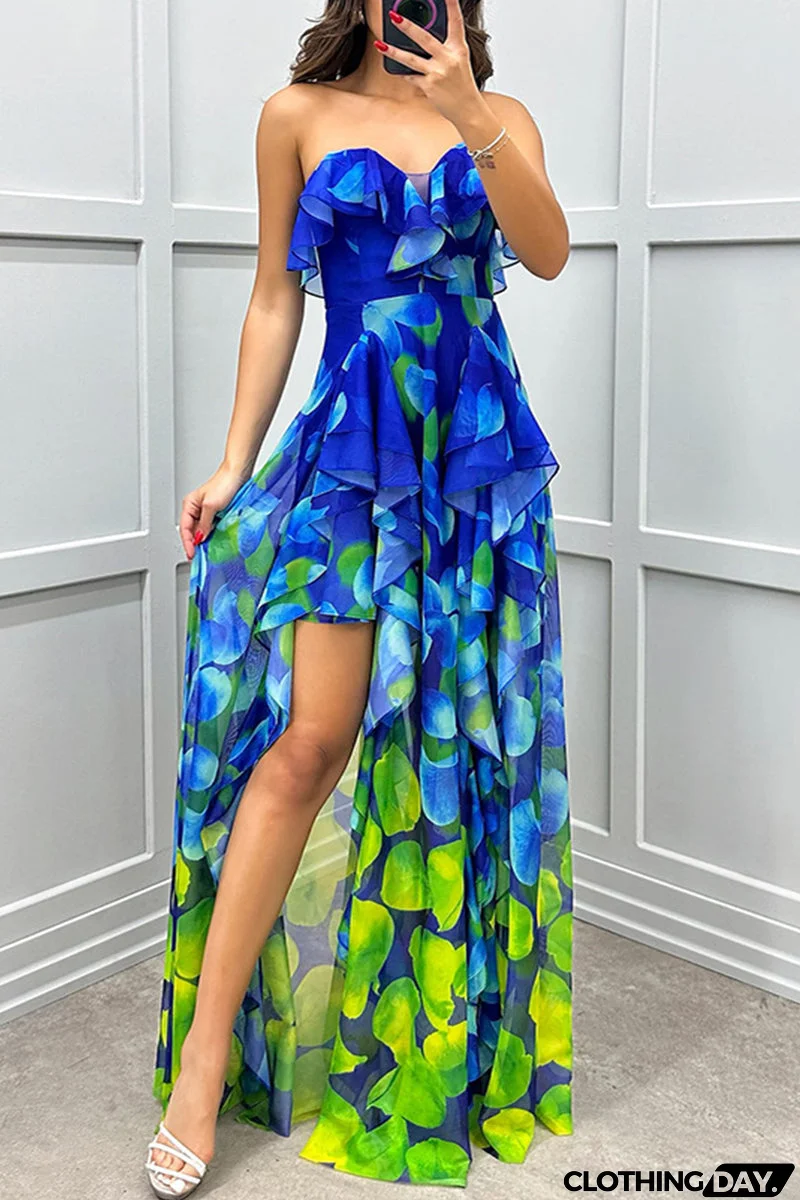 Sexy Gradient Print Ruffle Slit Strapless Irregular Dresses(3 Colors)