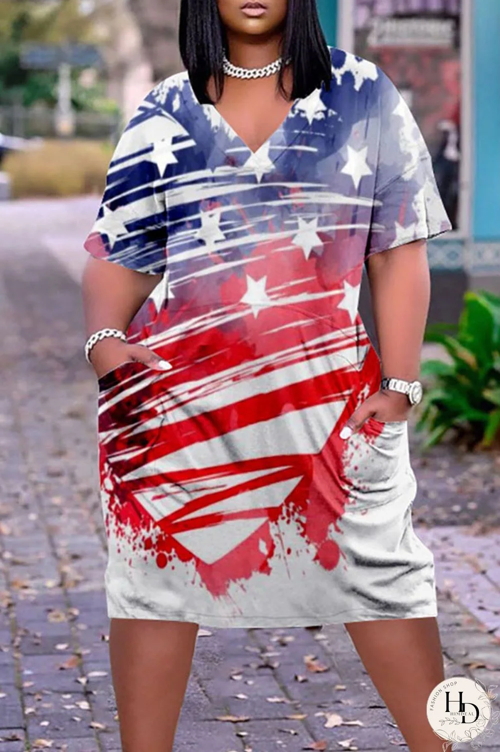 White Blue Red Casual Print Patchwork V Neck Dresses