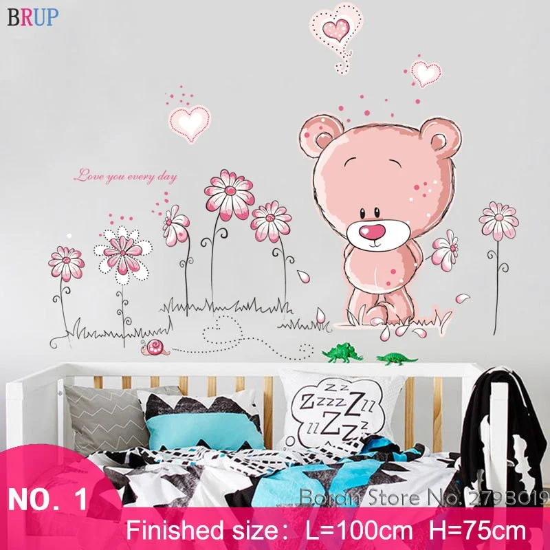 Lovely Pink Bear Wall Stickers Love Home Decor for Kids Room Friendly Cats Art Wall Decals for Bedroom Happy Day Room Decoration