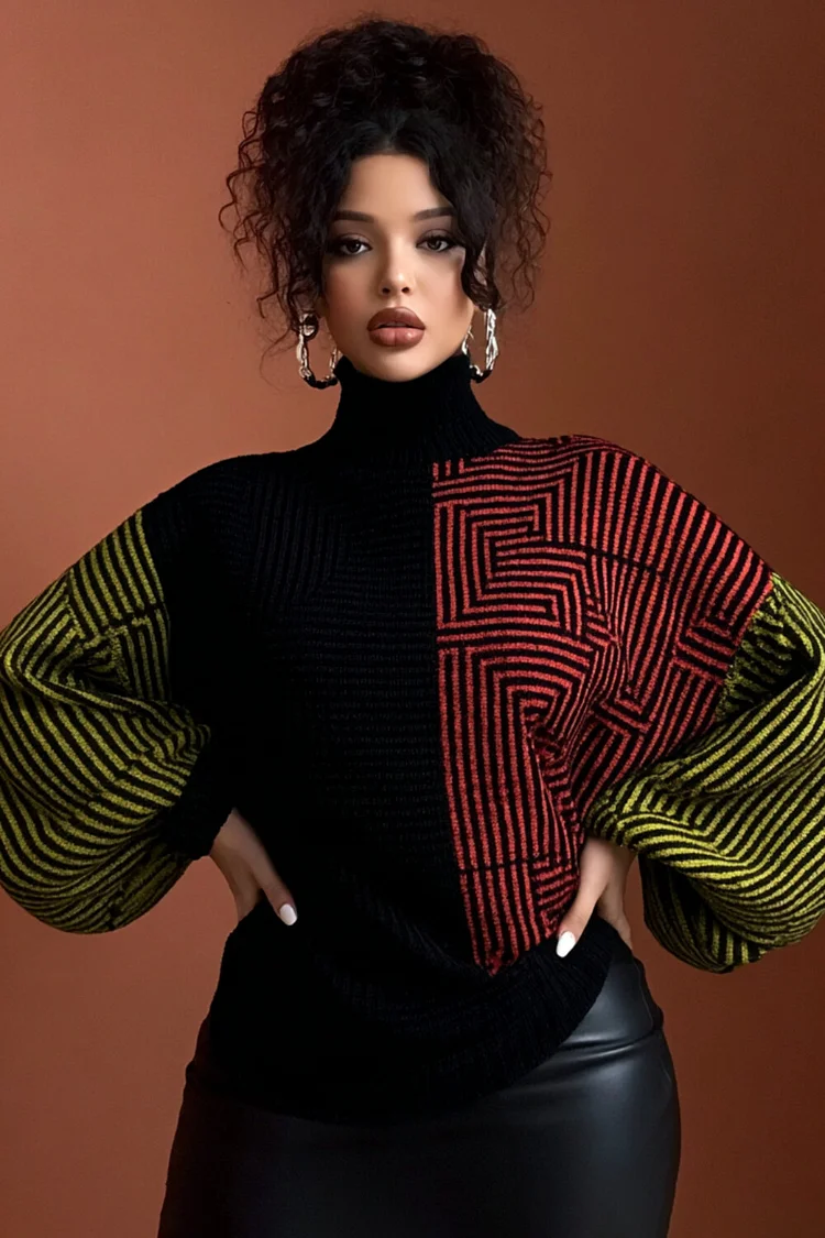 Xpluswear Design Plus Size Business Casual Multicolor Colorblock Round Neck Lantern Sleeve Long Sleeve Casual Crochet Sweaters