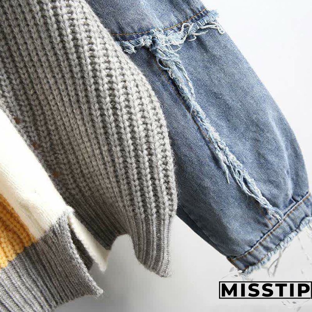 Denim Sleeve Colorblock Loose Round Collar Sweater