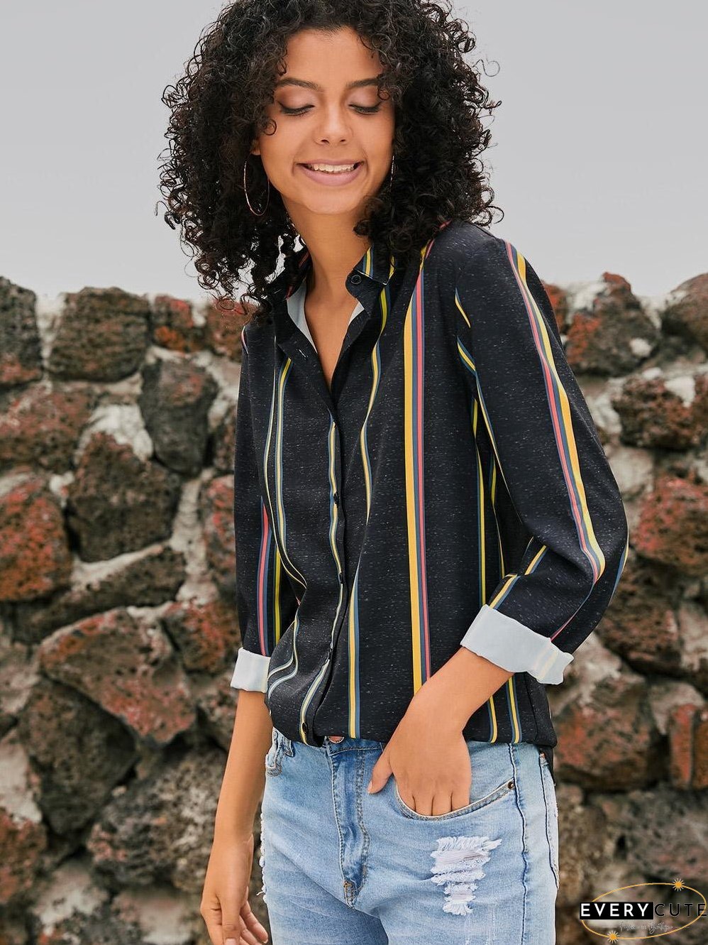 Women's Vertical Striped Button-Down Shirt
