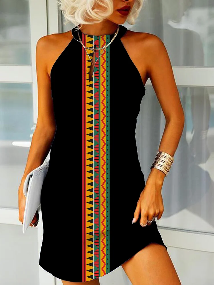 African Geometry Halter Neck Sleeveless Mini Dress