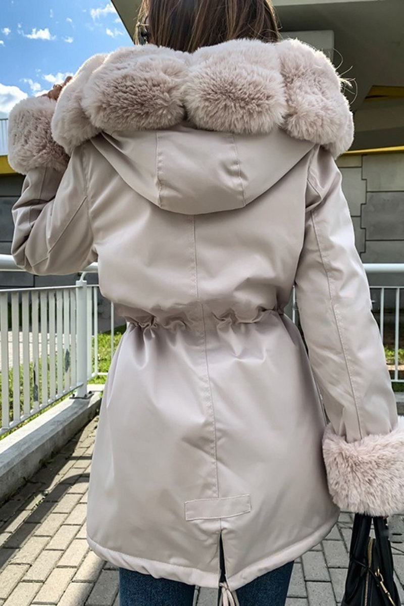 Drawstring Waist Fur Collar Fluffy Hooded Coat