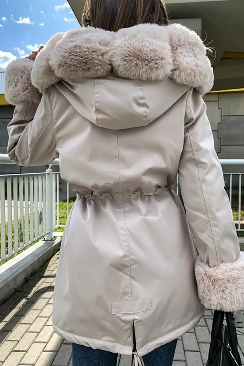 Drawstring Waist Fur Collar Fluffy Hooded Coat