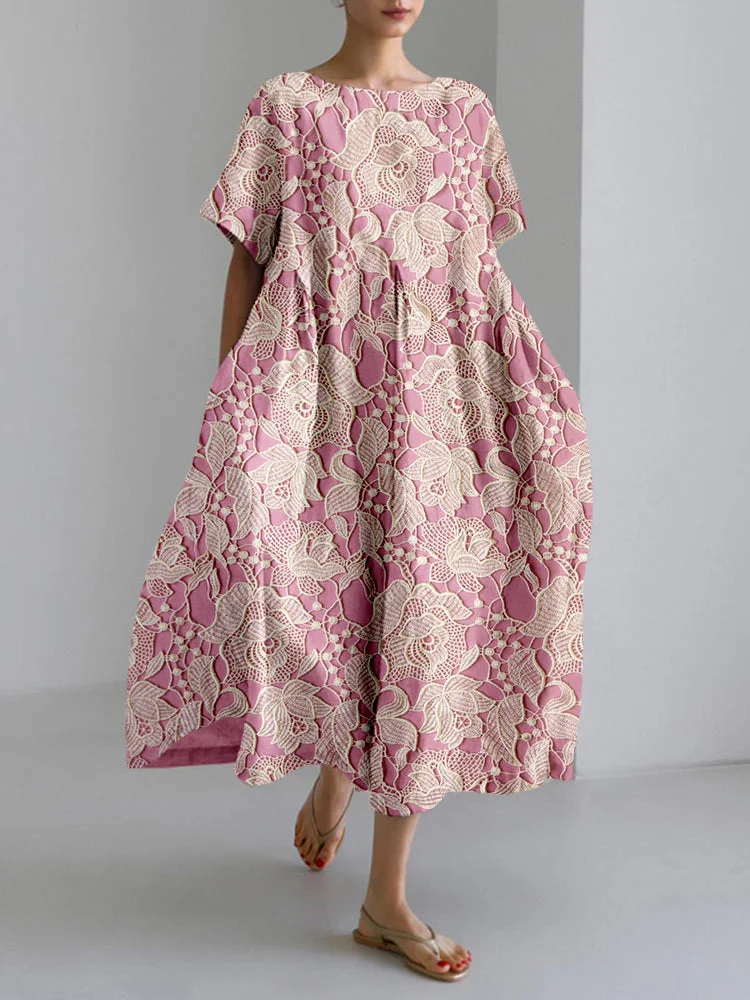 Vintage Floral Lace Linen Blend Cozy Maxi Dress