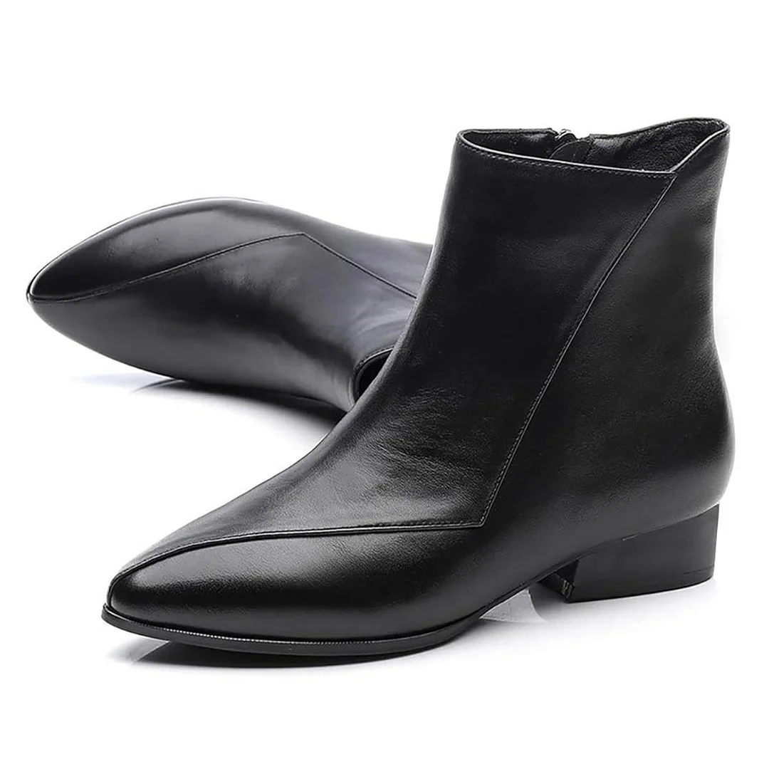 Black Pointed Toe Side Zipper Black Heel Classic Ankle Booties