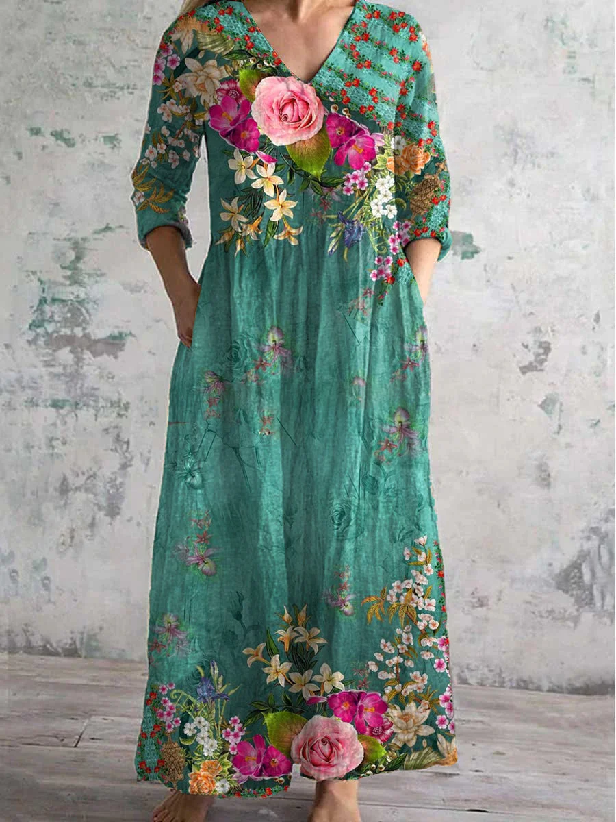 Women's 3/4 Sleeve V-neck Floral Printed Midi Dress