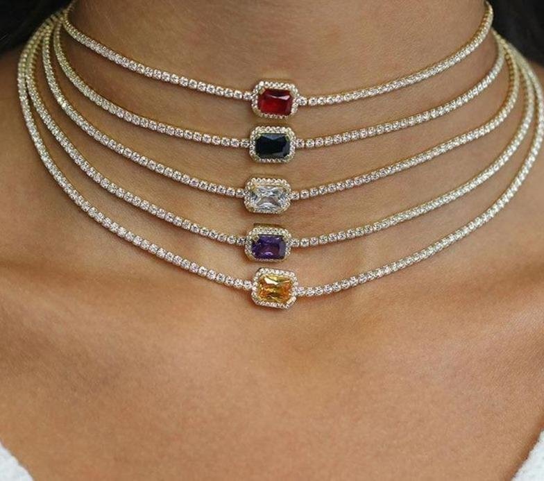 Square Multicolor Rhinestone Necklace Choker