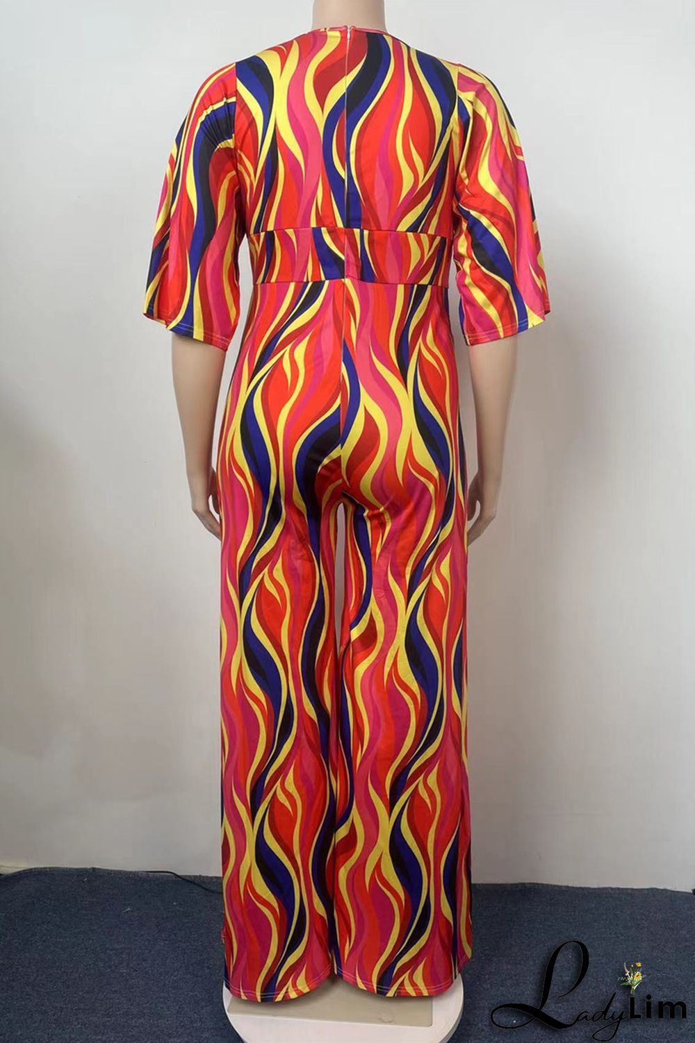 Red Fashion Casual Print Split Joint V Neck Regular Jumpsuits