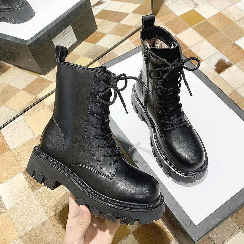 Fashion Winter Boots For Women Fur Black Combat Boots Women 2021 New PU Leather Punk Gothic Shoes Platform Ankle Boots Designer