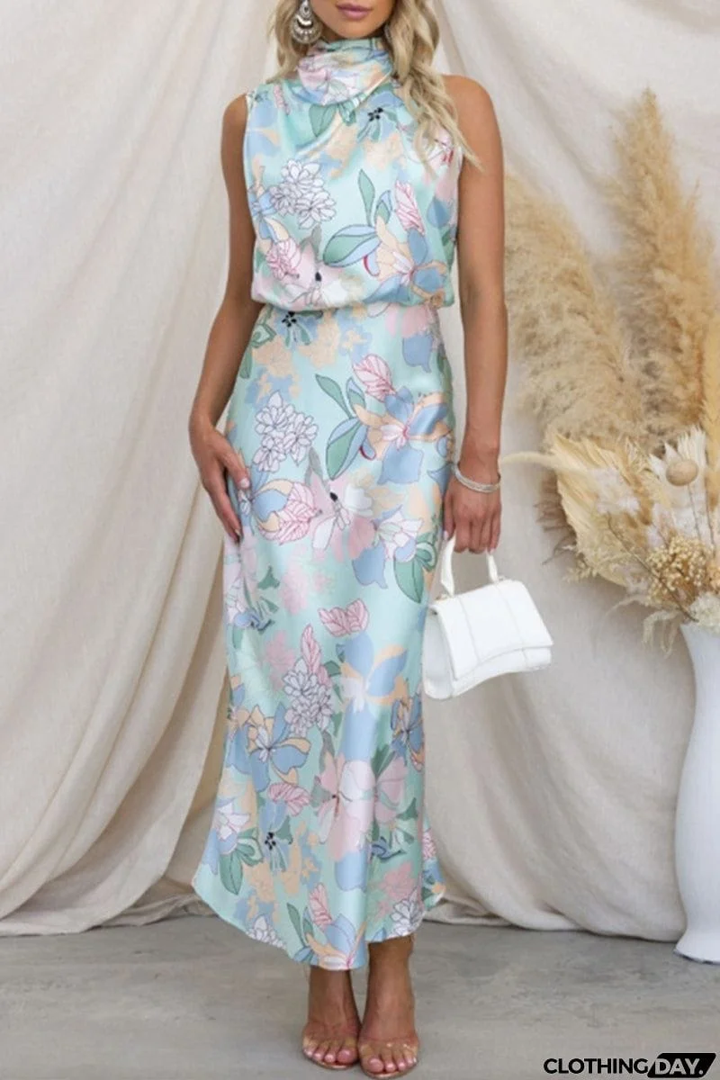 Celebrities Elegant Print Patchwork Asymmetrical Collar One Step Skirt Dresses