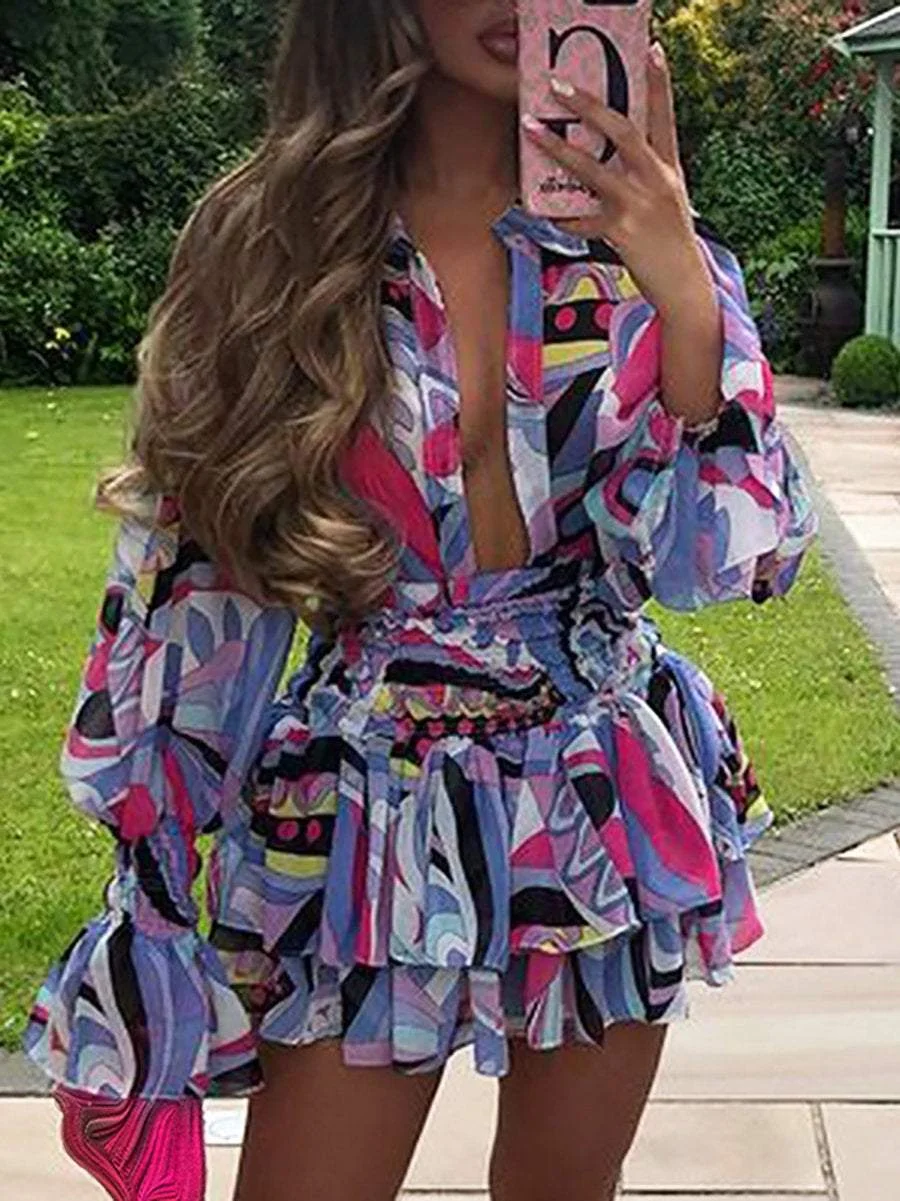 Sexy V-Neck Balloon Sleeve Mini Print Dress