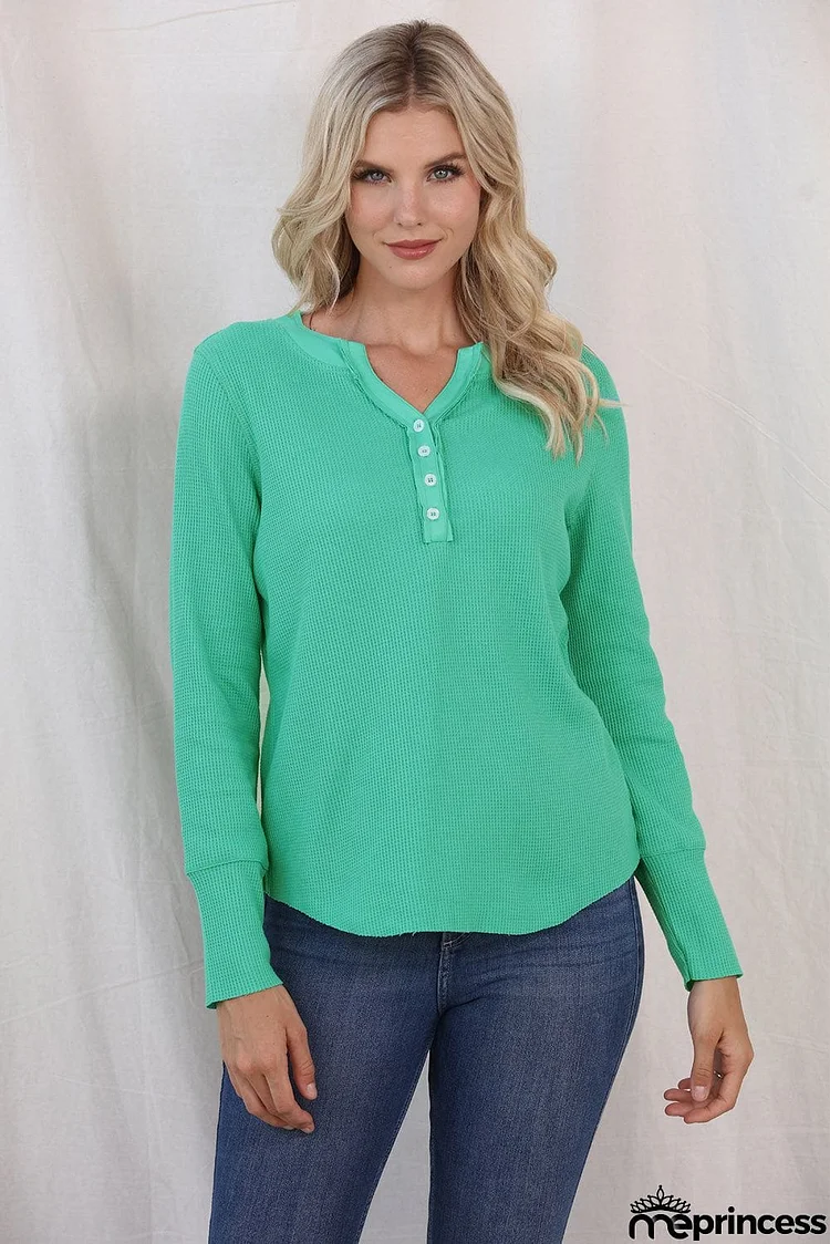 Buttoned Notched Neck Long Sleeve T-Shirt